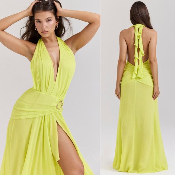 House of CB Olessia Acid Lime Backless Halter Maxi Dress Size L+ XL - Picture 12 of 13